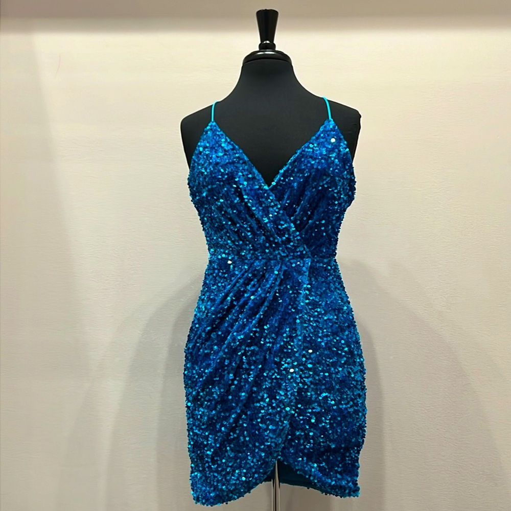 Crossover Front Draped Sequin Velvet Mini Dress Blue